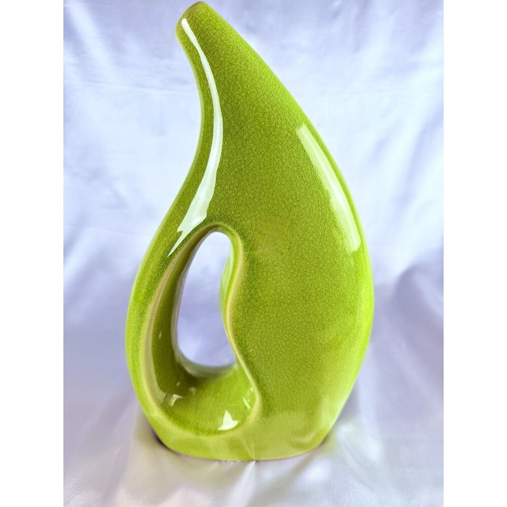 MCM Green Crackle Glaze Vase Ewer Pitcher w/Handle 12.5” Tall Vintage